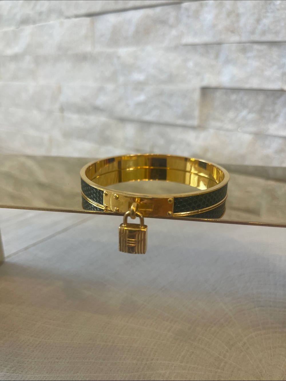 Hermes Authentic Gold Bracelet with Dark Green Inlay and Padlock Accent